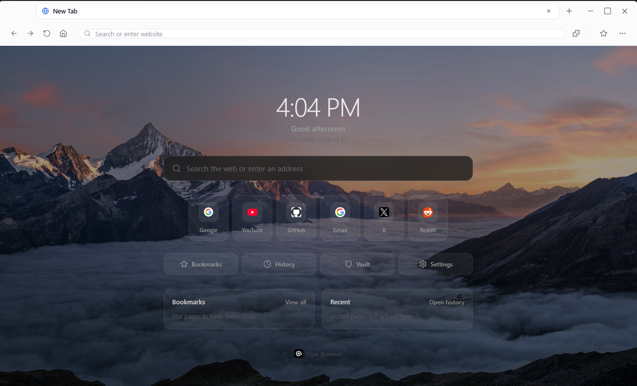 Actual Flowr Browser new tab interface